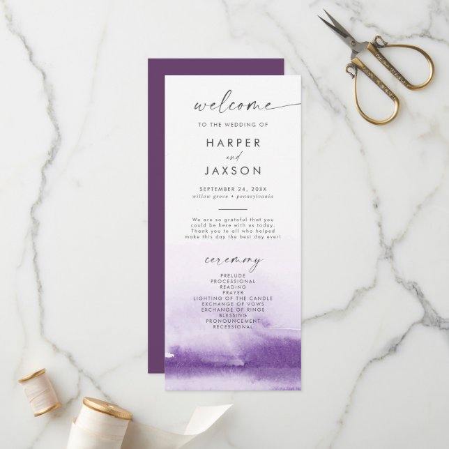 Modern Watercolor | Purple Wedding Program (Front/Back In Situ)