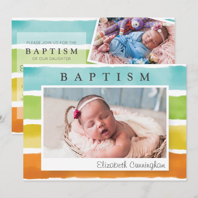 Modern Watercolor Rainbow Baptism Invitation (Front/Back)
