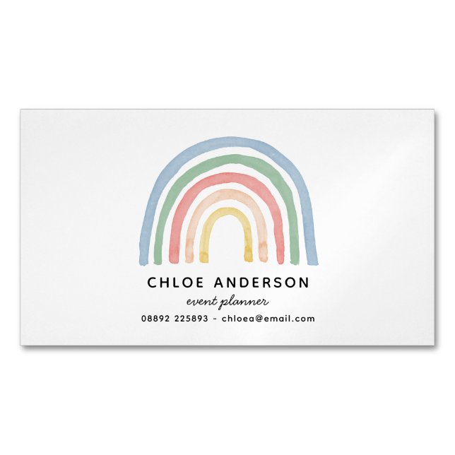 Modern watercolor rainbow cute colorful business card magnet (Front)