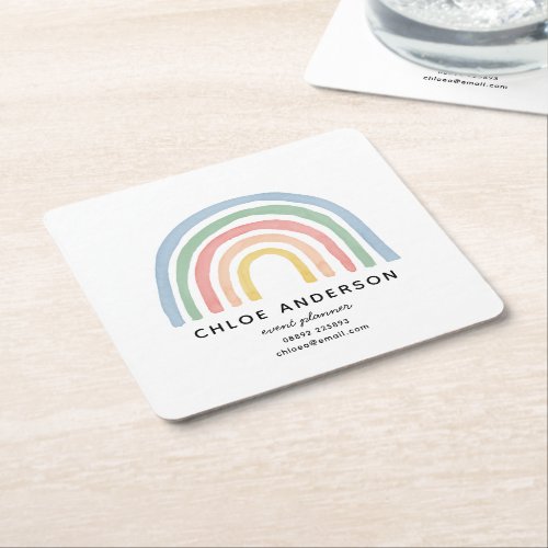 Modern watercolor rainbow cute colorful square paper coaster