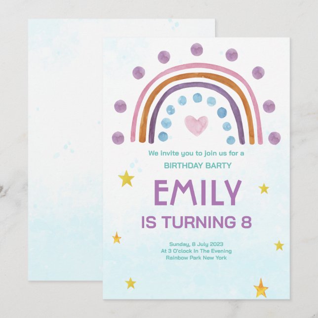 Modern Watercolor Rainbow Heart Birthday  Invitation (Front/Back)