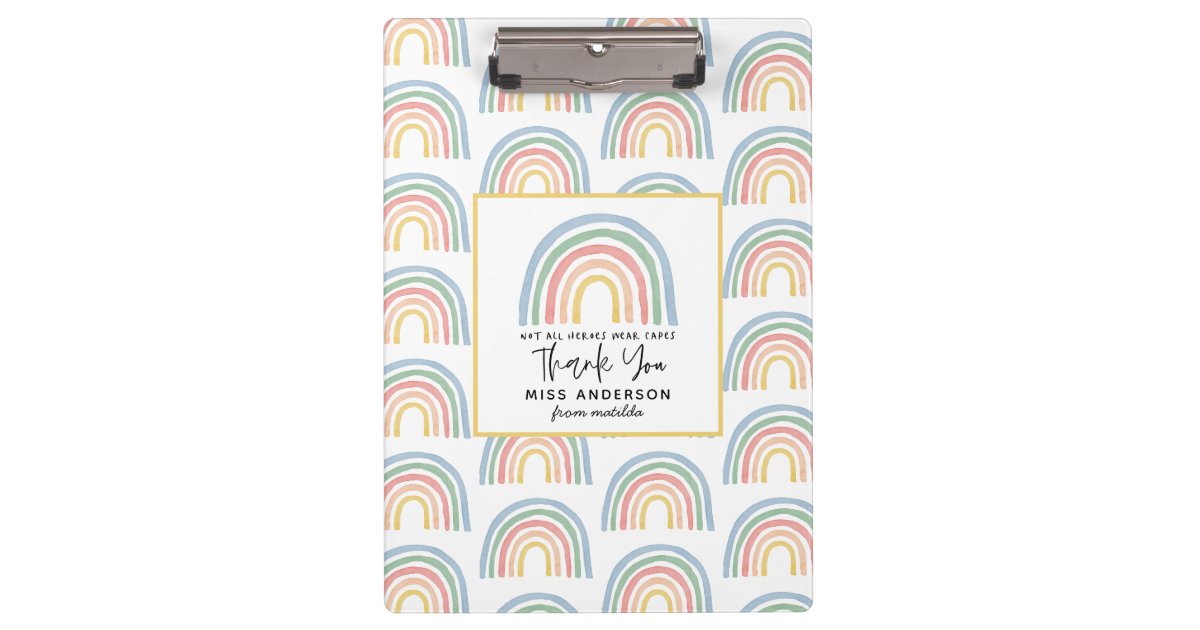 Modern watercolor rainbow teacher thank you cute clipboard | Zazzle