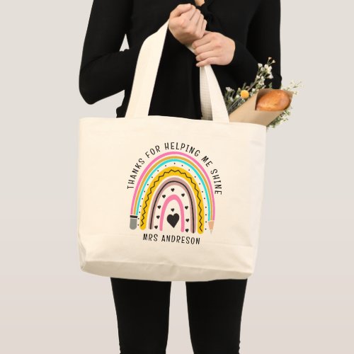 Modern watercolor rainbow teacher thank you gift  large tote bag