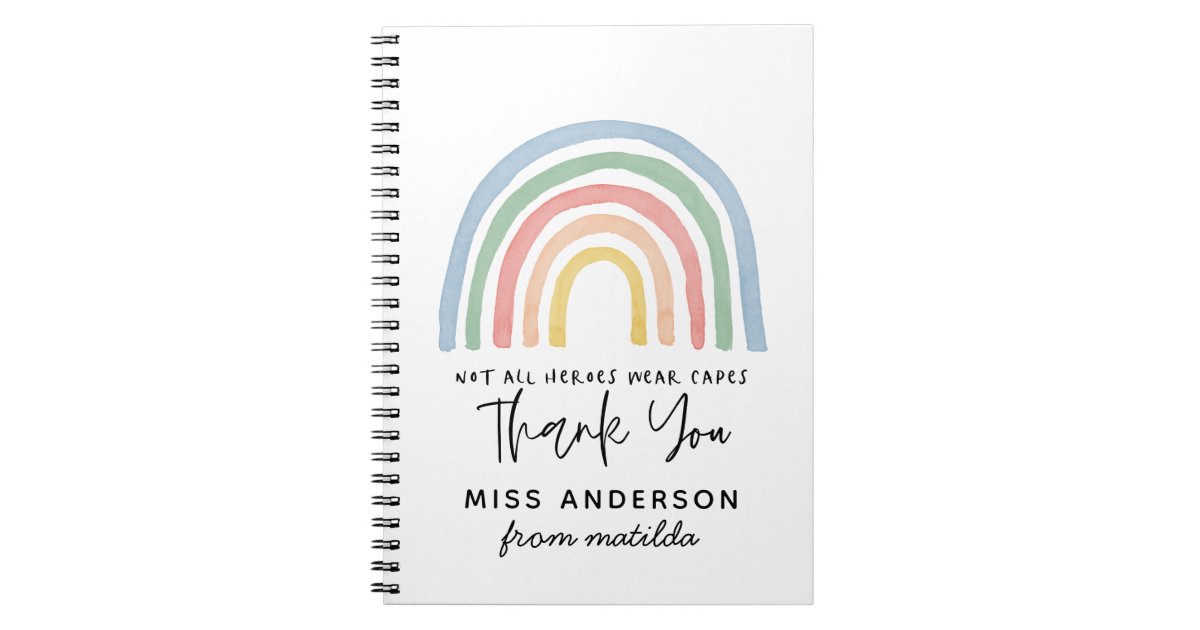 Modern watercolor rainbow teacher thank you gift notebook | Zazzle