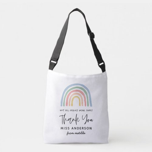 Modern watercolor rainbow teacher thank you gift t crossbody bag