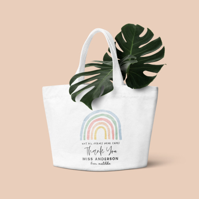 Modern watercolor rainbow teacher thank you gift t large tote bag