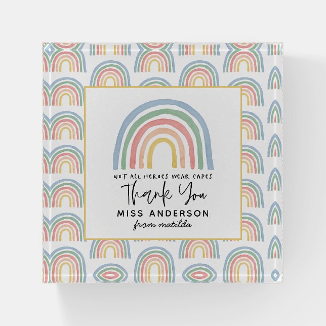 Modern watercolor rainbow teacher thank you gift t paperweight (Front)