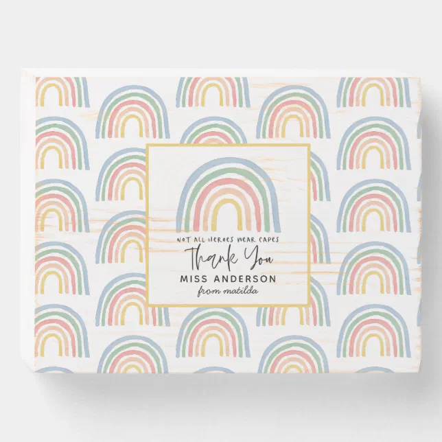 Modern watercolor rainbow teacher thank you gift t wooden box sign | Zazzle