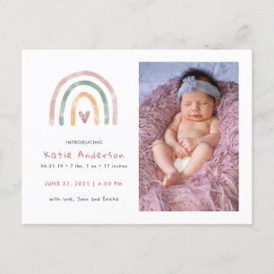 Modern Watercolor Rainbow with Heart Birth Invitation Postcard