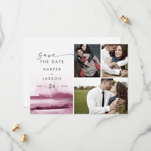 Modern Watercolor  Red 3 Photo Collage Save The Date