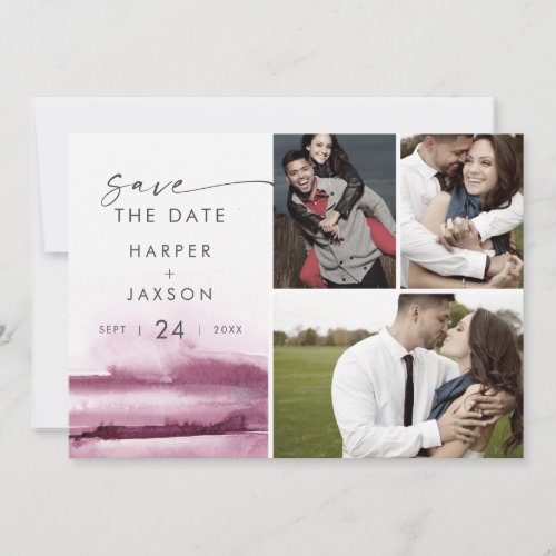 Modern Watercolor  Red 3 Photo Collage Save The Date