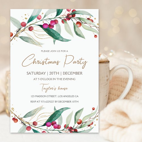 Modern Watercolor Red Berry Christmas Party  Invitation