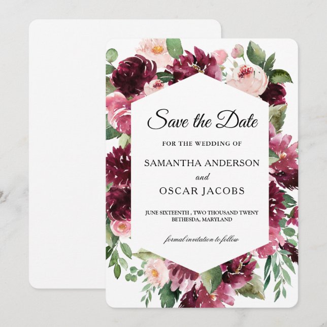 Modern Watercolor Red Floral Frame  Save The Date (Front/Back)