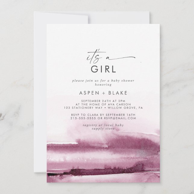 Modern Watercolor | Red It's A Girl Baby Shower Invitation (Front)
