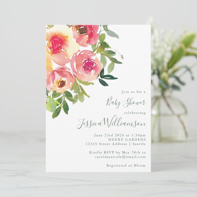 Modern Watercolor Red Pink Floral Baby Shower Invitation (Standing Front)