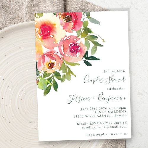 Modern Watercolor Red Pink Floral Couples Shower Invitation