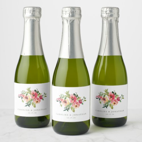 Modern Watercolor Red Pink Floral Wedding Custom Sparkling Wine Label