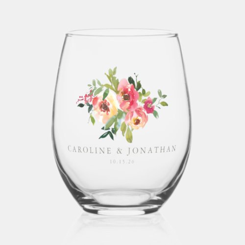 Modern Watercolor Red Pink Floral Wedding Custom Stemless Wine Glass