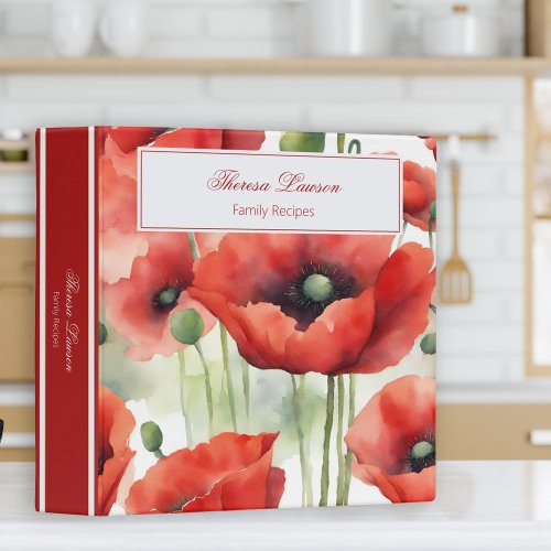 Modern Watercolor Red Poppies Family Recipes 3 Ring Binder