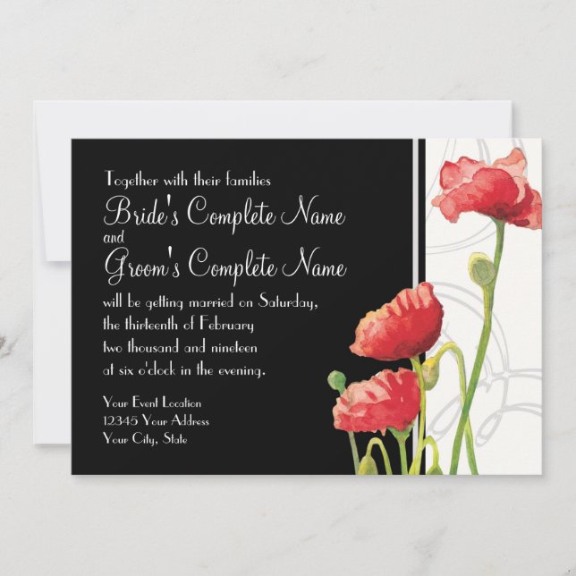 Modern Watercolor Red Poppy Poppies Swirls Black Invitation (Front)
