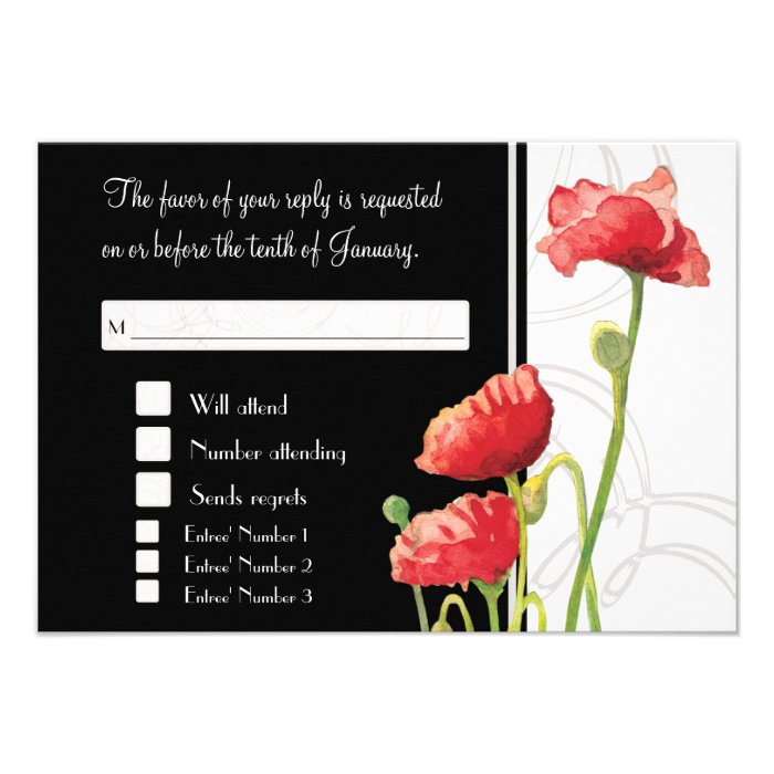 Modern Watercolor Red Poppy Poppies Swirls Black Personalized Announcements