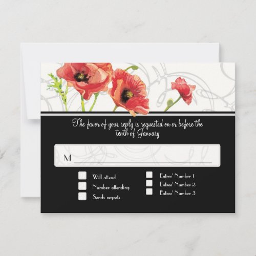 Modern Watercolor Red Poppy Poppies Swirls Black RSVP Card