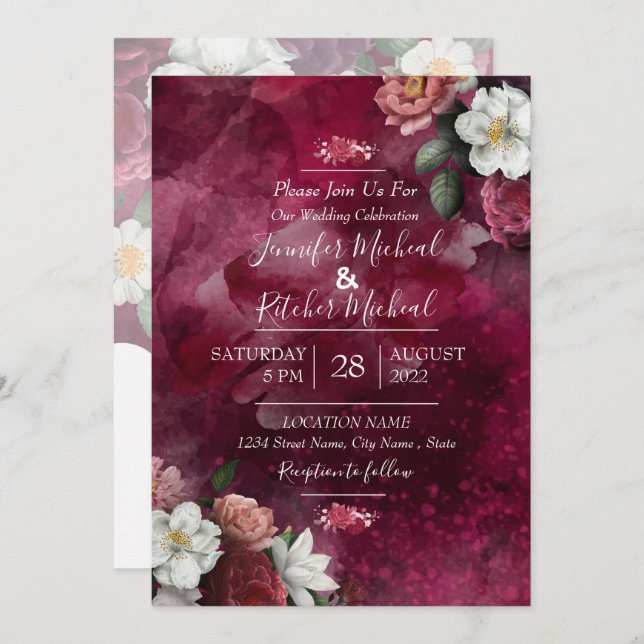 Modern Watercolor Red ruby Burgundy floral theme  Invitation (Front/Back)
