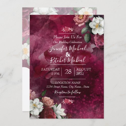 Modern Watercolor Red ruby Burgundy floral theme  Invitation