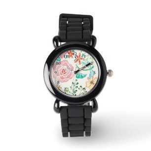 Modern watercolor Romantic Floral Dragonfly Heart Watch