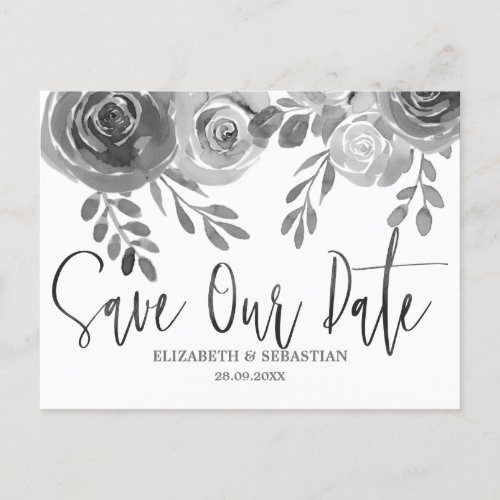 Modern Watercolor Rose Black and White Announcement Postcard