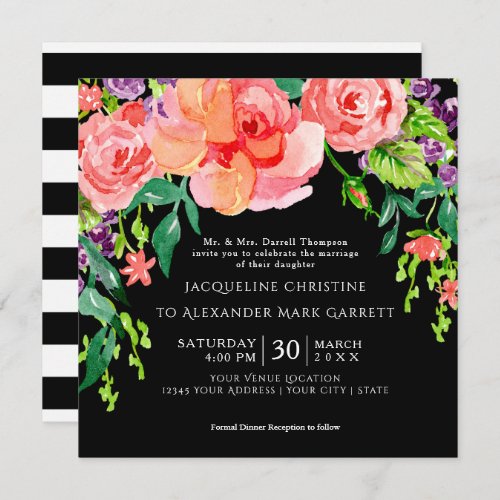 Modern Watercolor Rose Floral Wedding Black Ground Invitation