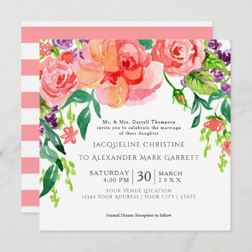 Modern Watercolor Rose Floral Wedding Invitation