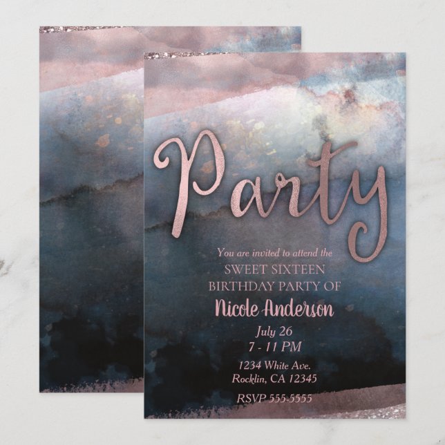 Modern Watercolor Rose Gold & Blue Birthday Party Invitation (Front/Back)