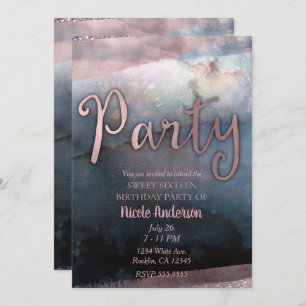 Modern Watercolor Rose Gold & Blue Birthday Party Invitation