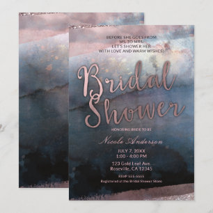 Modern Watercolor Rose Gold & Blue Bridal Shower Invitation