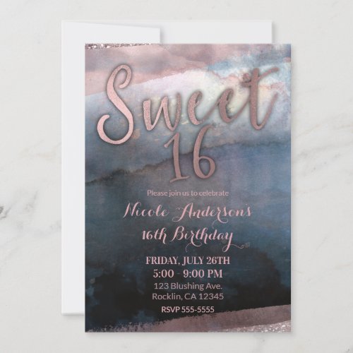Modern Watercolor Rose Gold  Blue Sweet 16 Party Invitation