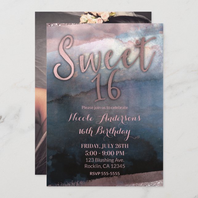 Modern Watercolor Rose Gold & Blue Sweet 16 Photo Invitation (Front/Back)