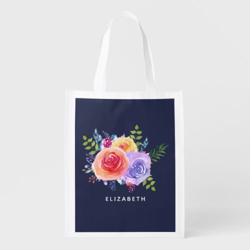 Modern Watercolor Roses Floral Bouquet Grocery Bag