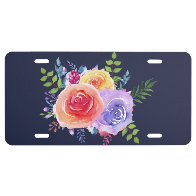 Modern Watercolor Roses Floral Bouquet License Plate (Front)