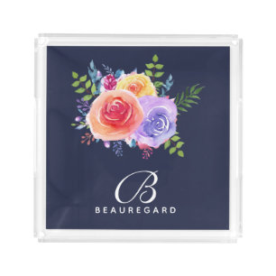 Modern Watercolor Roses Floral Bouquet  Monogram Acrylic Tray