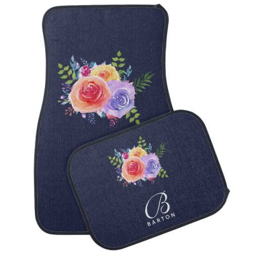 Modern Watercolor Roses Floral Bouquet  Monogram Car Floor Mat