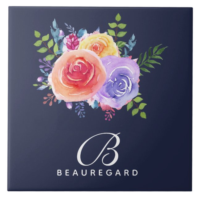 Modern Watercolor Roses Floral Bouquet  Monogram Ceramic Tile (Front)