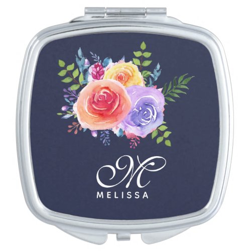 Modern Watercolor Roses Floral Bouquet  Monogram Compact Mirror