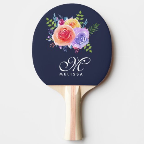 Modern Watercolor Roses Floral Bouquet Monogram Ping Pong Paddle