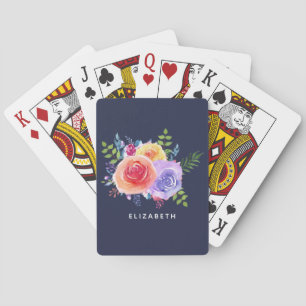 Modern Watercolor Roses Floral Bouquet Poker Cards
