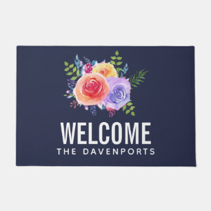 Modern Watercolor Roses Floral Bouquet Welcome Doormat
