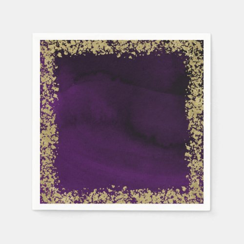 Modern Watercolor Royal Purple  Gold Wedding Napkins