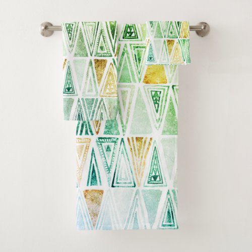 Modern Watercolor Sage Gold Tribal Triangles  Bath Towel Set