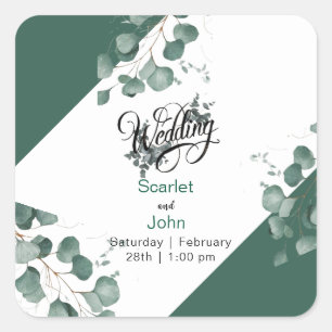 Modern watercolor sage green eucalyptus wedding square sticker
