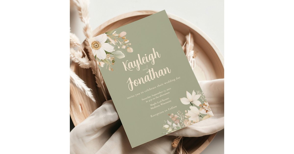 Modern Watercolor Sage Green Floral Wedding Invitation | Zazzle